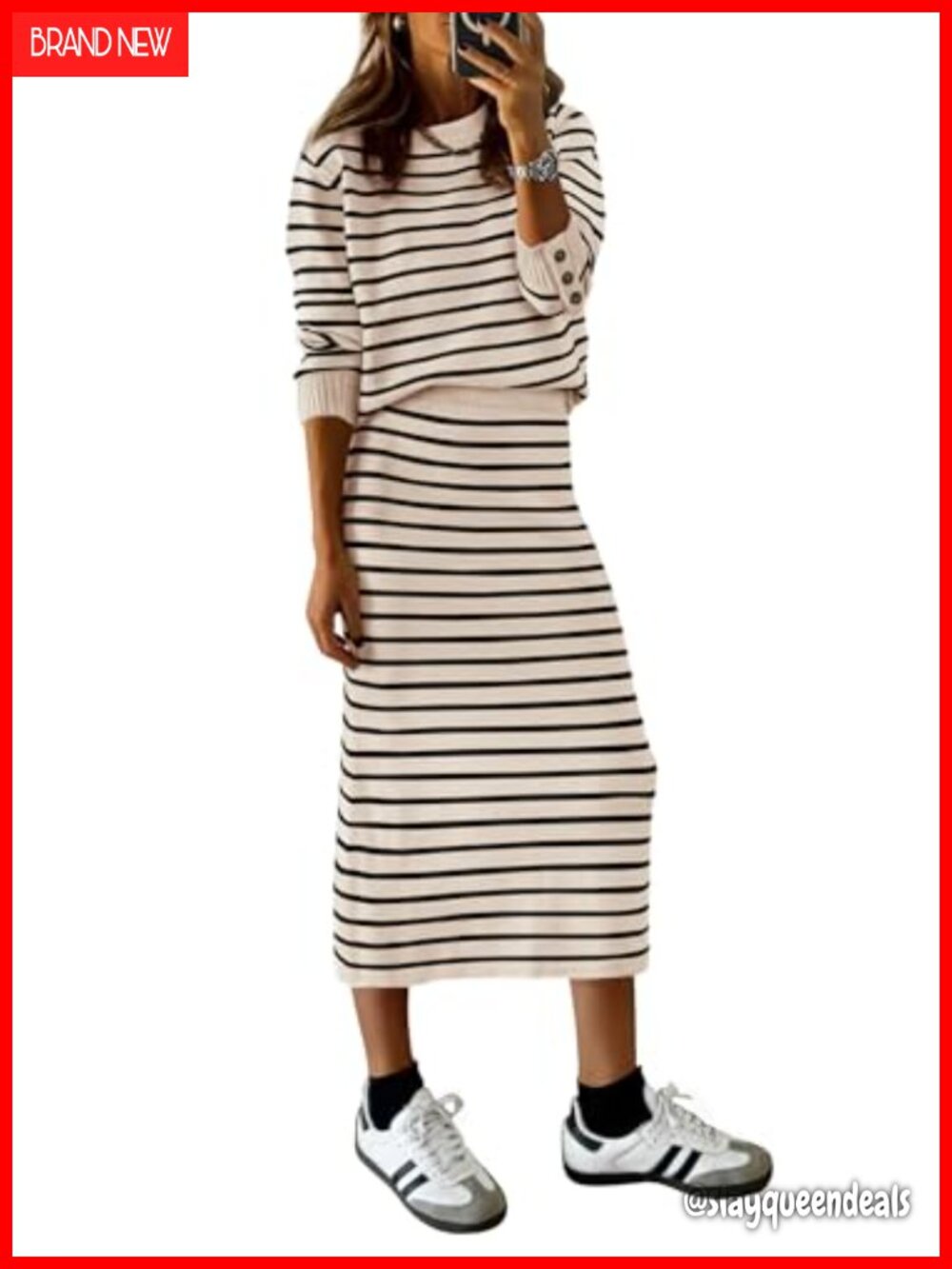 Women's 2 Piece Striped Sweater Skirt Set Knitted Midi Matching Outfit Fall